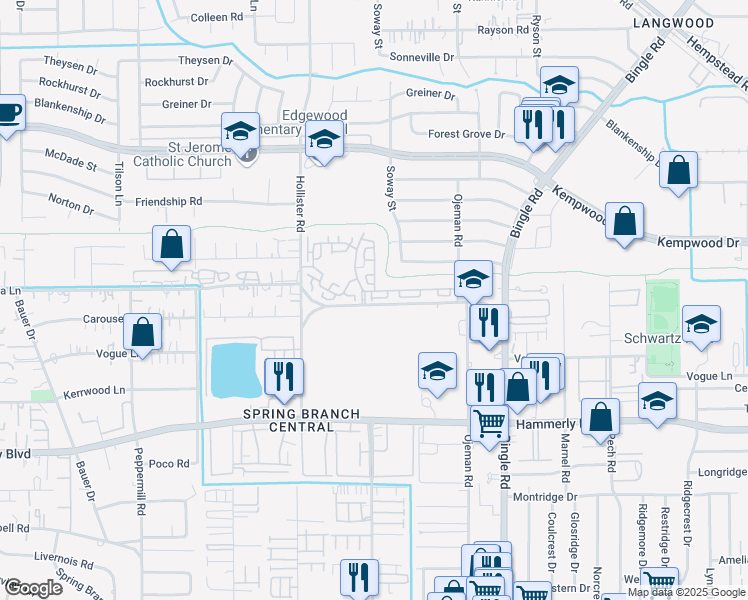 map of restaurants, bars, coffee shops, grocery stores, and more near 8676 Emnora Lane in Houston