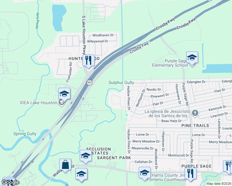 map of restaurants, bars, coffee shops, grocery stores, and more near 13727 Northlake Drive in Houston
