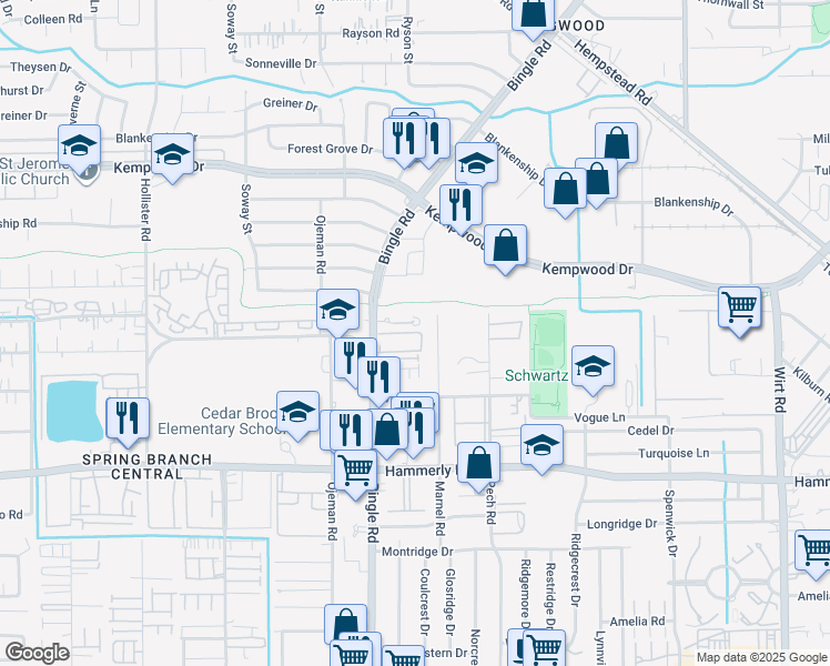 map of restaurants, bars, coffee shops, grocery stores, and more near 2225 Marnel Road in Houston