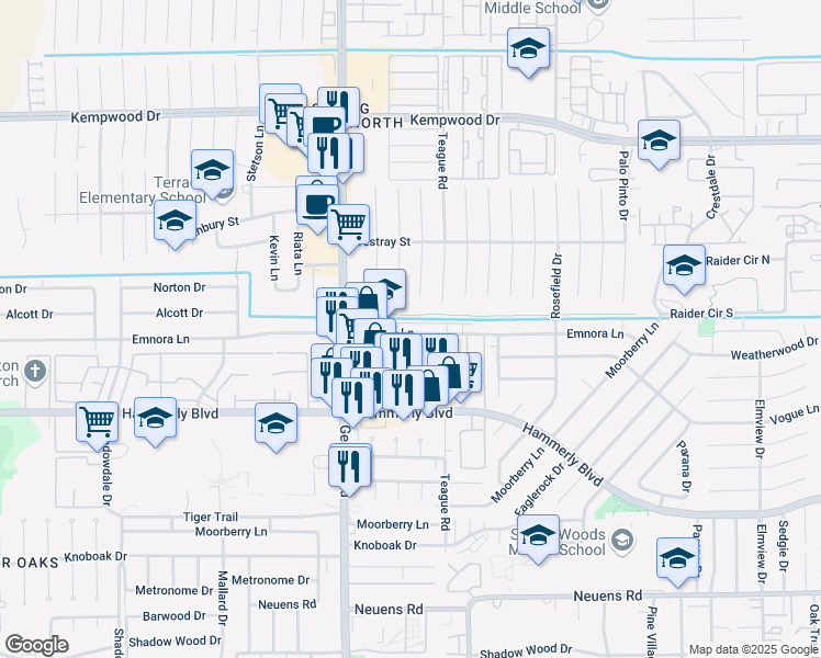 map of restaurants, bars, coffee shops, grocery stores, and more near 10140 Emnora Lane in Houston
