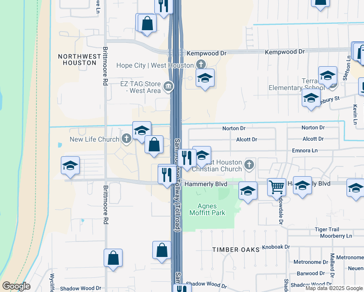 map of restaurants, bars, coffee shops, grocery stores, and more near 2470 West Sam Houston Parkway North in Houston