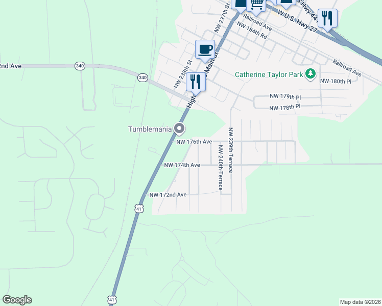 map of restaurants, bars, coffee shops, grocery stores, and more near 17487 Southside Court in High Springs