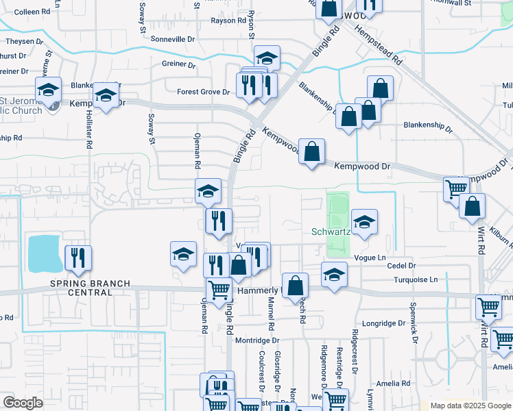 map of restaurants, bars, coffee shops, grocery stores, and more near 2308 Bingle Road in Houston