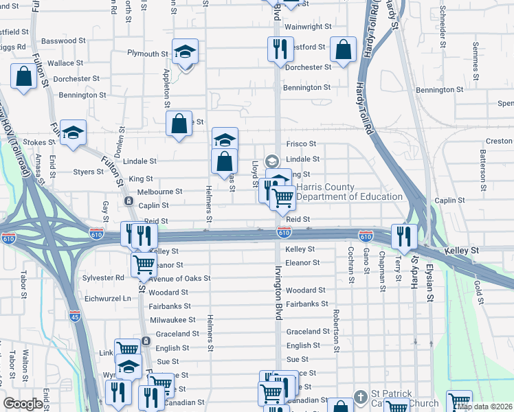 map of restaurants, bars, coffee shops, grocery stores, and more near 634 Caplin Street in Houston