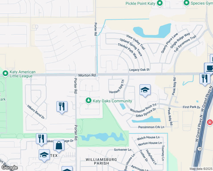 map of restaurants, bars, coffee shops, grocery stores, and more near 2927 Mountain Elm Trail in Katy
