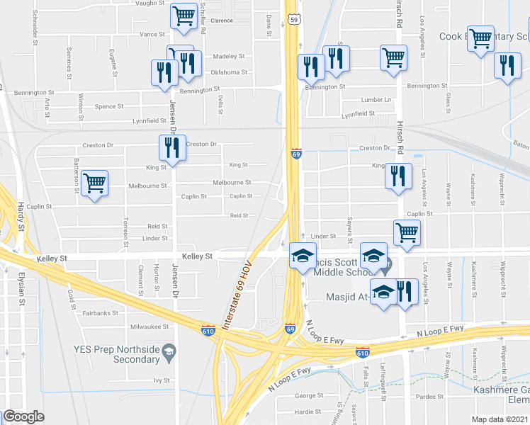 map of restaurants, bars, coffee shops, grocery stores, and more near 3505 Reid Street in Houston