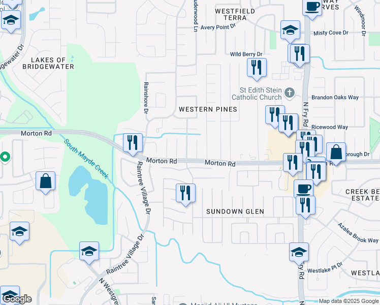 map of restaurants, bars, coffee shops, grocery stores, and more near 3110 Silver Cedar Trail in Katy