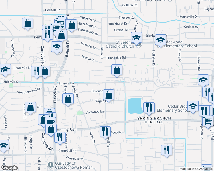 map of restaurants, bars, coffee shops, grocery stores, and more near 2317 Peppermill Road in Houston