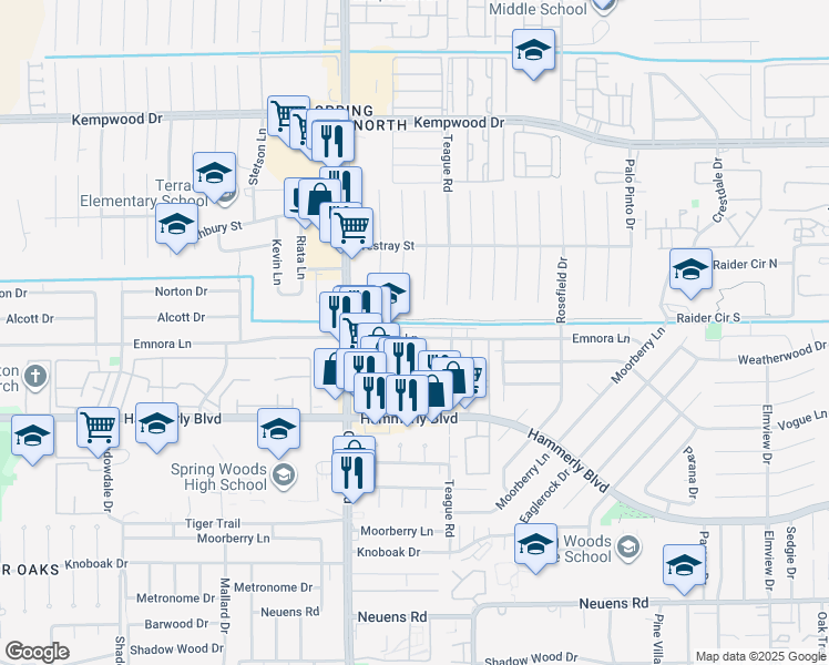 map of restaurants, bars, coffee shops, grocery stores, and more near 10140 Emnora Lane in Houston
