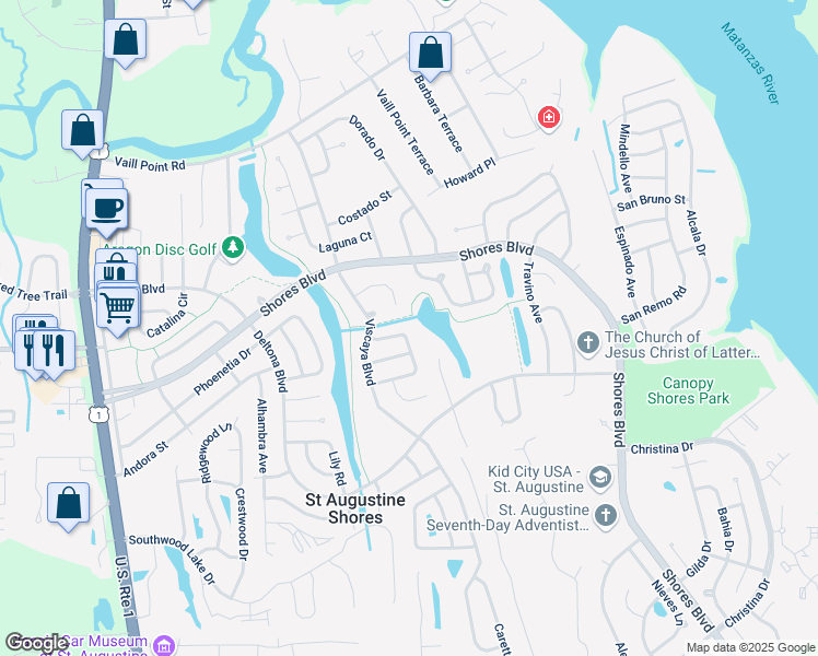 map of restaurants, bars, coffee shops, grocery stores, and more near 274 Almansa Road in St. Augustine