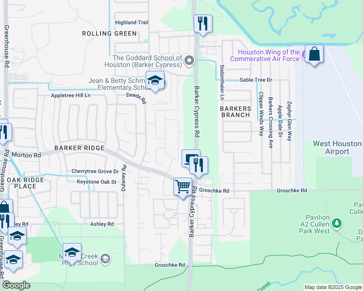 map of restaurants, bars, coffee shops, grocery stores, and more near 3242 Cabin Wood Way in Houston