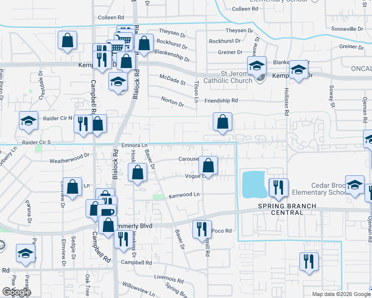 map of restaurants, bars, coffee shops, grocery stores, and more near 9221 Emnora Lane in Houston
