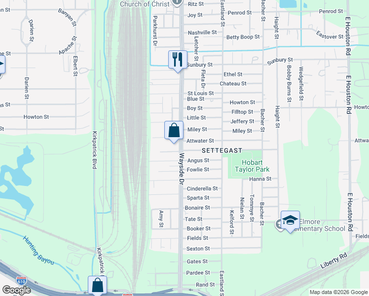 map of restaurants, bars, coffee shops, grocery stores, and more near 5902 North Wayside Drive in Houston