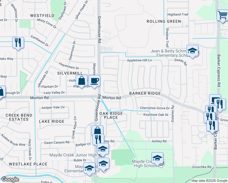 map of restaurants, bars, coffee shops, grocery stores, and more near 19010 Buffalo River Way in Houston