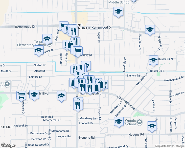 map of restaurants, bars, coffee shops, grocery stores, and more near 10140 Emnora Lane in Houston