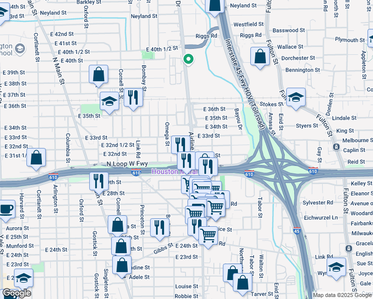 map of restaurants, bars, coffee shops, grocery stores, and more near 1211 East 32nd Street in Houston