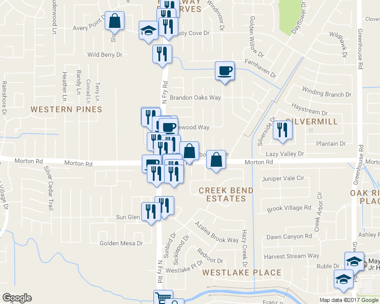 map of restaurants, bars, coffee shops, grocery stores, and more near 3103 Williams Circle in Katy