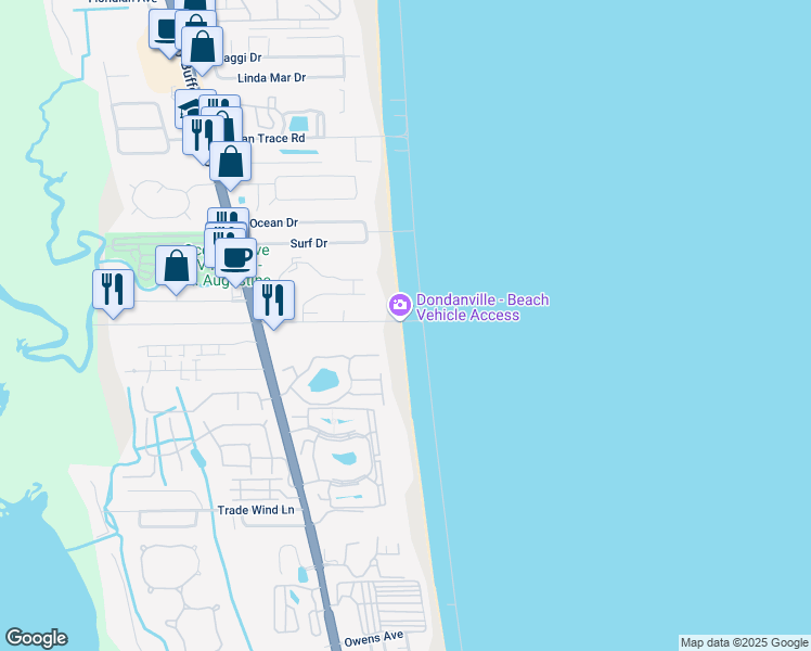 map of restaurants, bars, coffee shops, grocery stores, and more near 1 Dondanville Road in St. Augustine