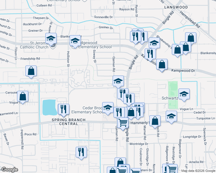 map of restaurants, bars, coffee shops, grocery stores, and more near 8620 Emnora Lane in Houston