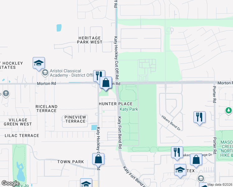 map of restaurants, bars, coffee shops, grocery stores, and more near Katy Fort Bend Road in Katy