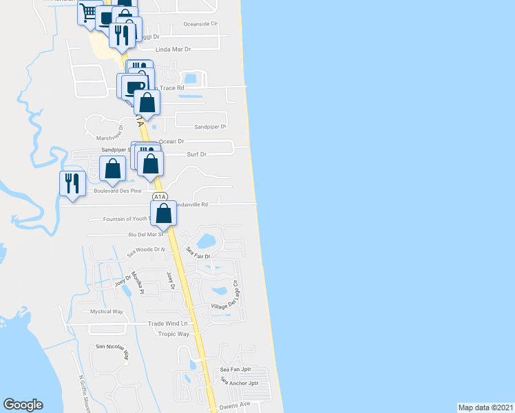 map of restaurants, bars, coffee shops, grocery stores, and more near 1 Dondanville Road in St. Augustine