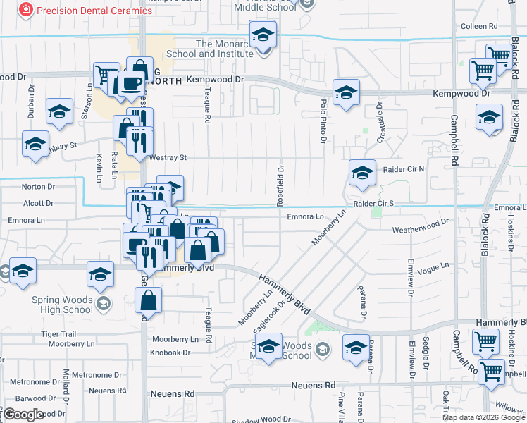 map of restaurants, bars, coffee shops, grocery stores, and more near 9914 Emnora Lane in Houston