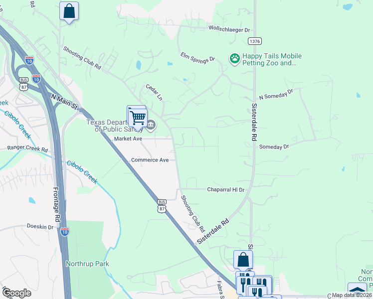 map of restaurants, bars, coffee shops, grocery stores, and more near 101 Chama Drive in Boerne