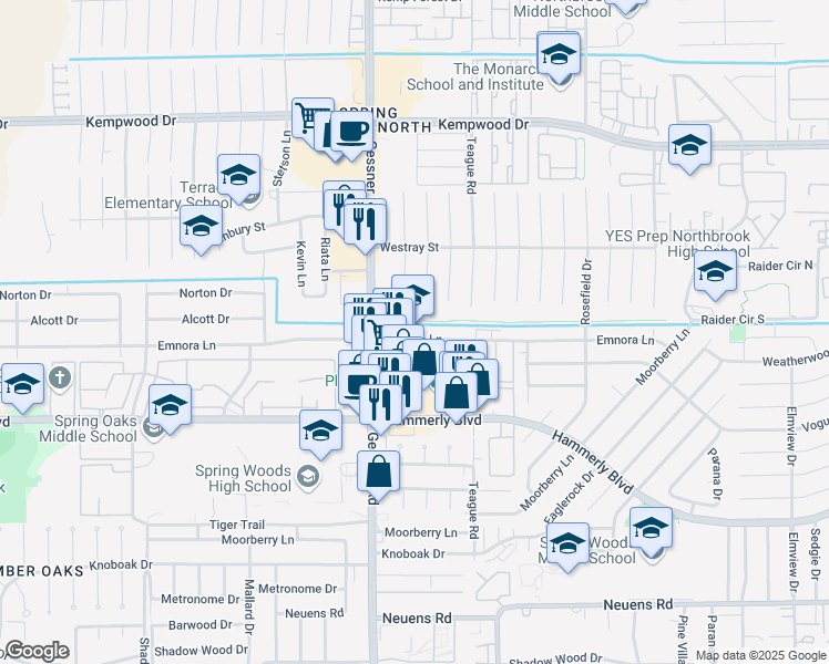 map of restaurants, bars, coffee shops, grocery stores, and more near 10170 Emnora Lane in Houston