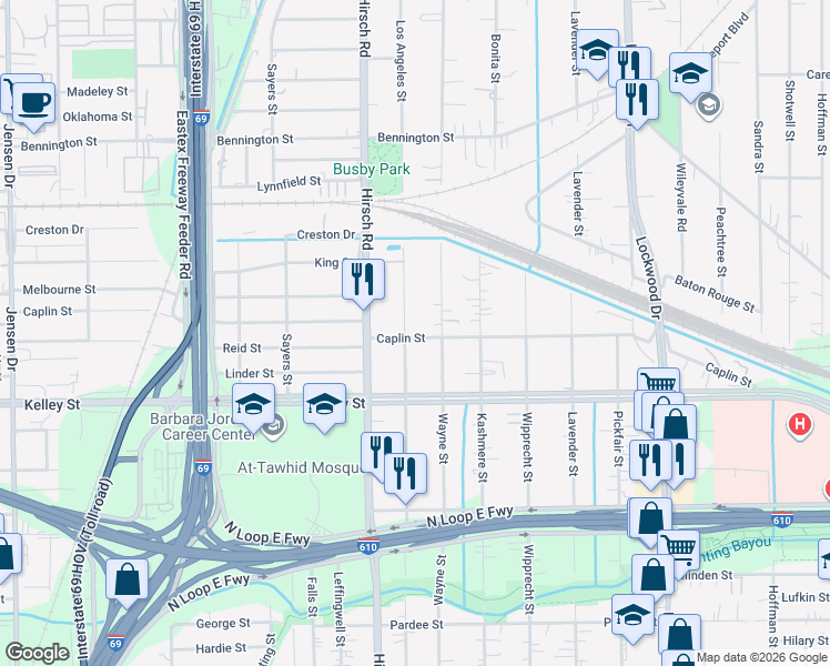 map of restaurants, bars, coffee shops, grocery stores, and more near 4331 Caplin Street in Houston
