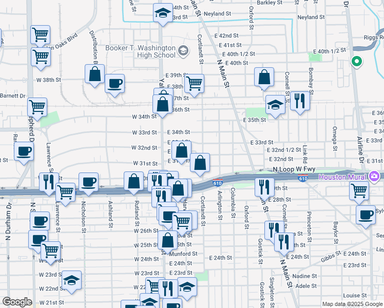 map of restaurants, bars, coffee shops, grocery stores, and more near 212 East 32nd Street in Houston