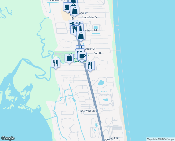 map of restaurants, bars, coffee shops, grocery stores, and more near 4250 A1A South in Saint Augustine