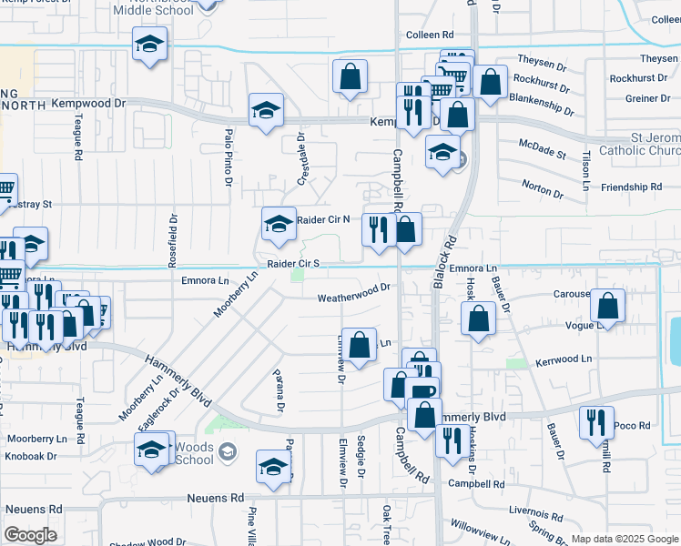 map of restaurants, bars, coffee shops, grocery stores, and more near 9530 Emnora Lane in Houston