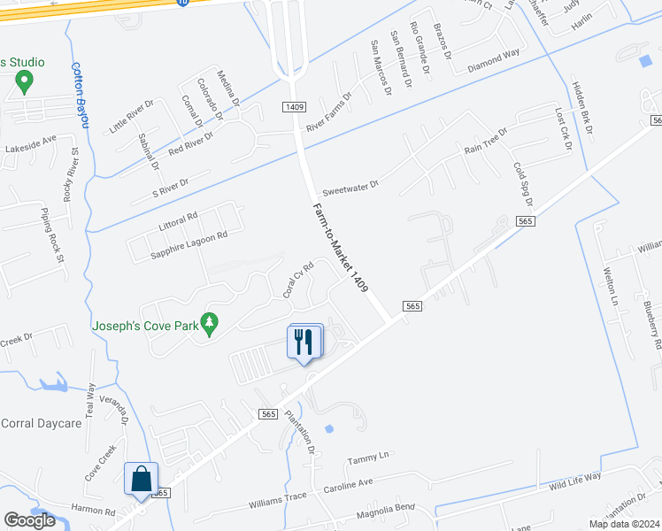 map of restaurants, bars, coffee shops, grocery stores, and more near Sandy Sea Road in Chambers County