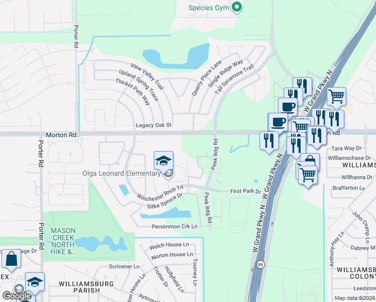 map of restaurants, bars, coffee shops, grocery stores, and more near 23407 Morton Road in Katy