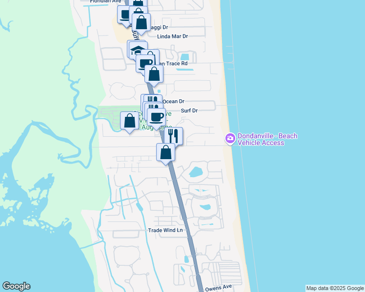 map of restaurants, bars, coffee shops, grocery stores, and more near 11 Dondanville Road in St. Augustine