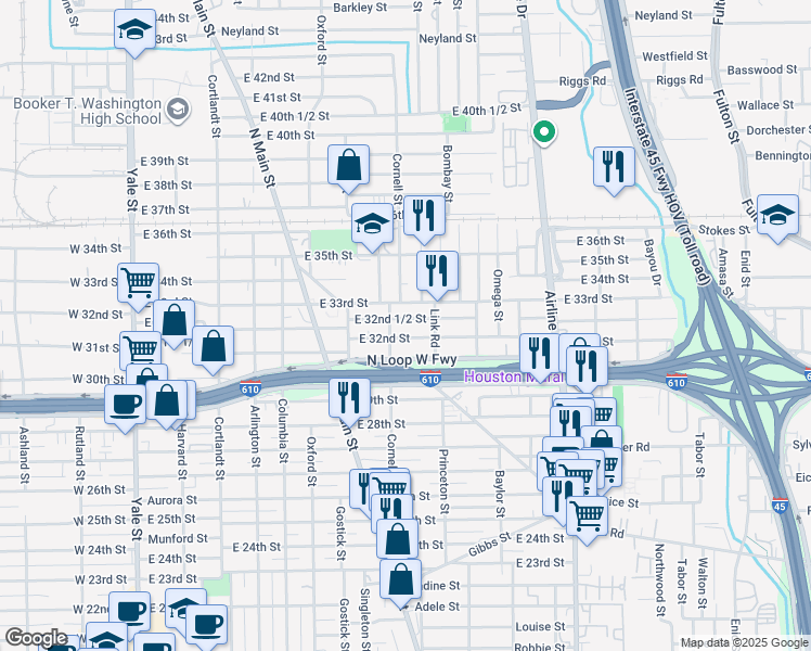 map of restaurants, bars, coffee shops, grocery stores, and more near 823 East 32nd Street in Houston