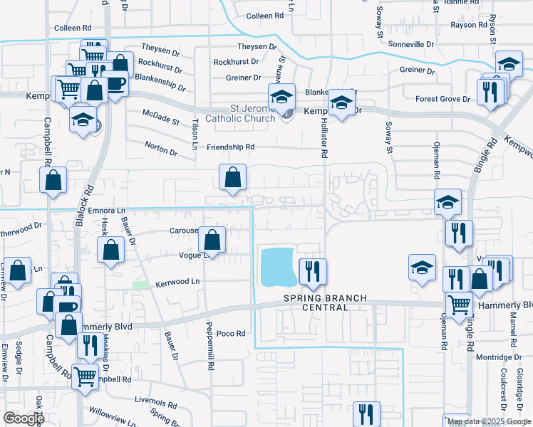 map of restaurants, bars, coffee shops, grocery stores, and more near 8910 Carousel Lane in Houston