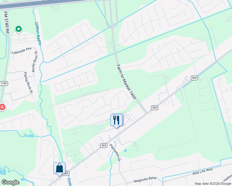 map of restaurants, bars, coffee shops, grocery stores, and more near 6103 Coral Cove Road in Mont Belvieu