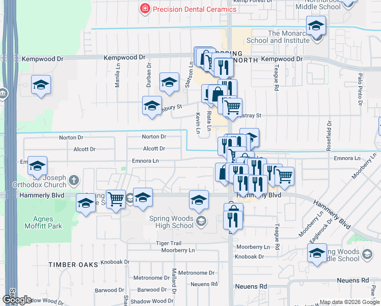 map of restaurants, bars, coffee shops, grocery stores, and more near 10322 Emnora Ln in Houston