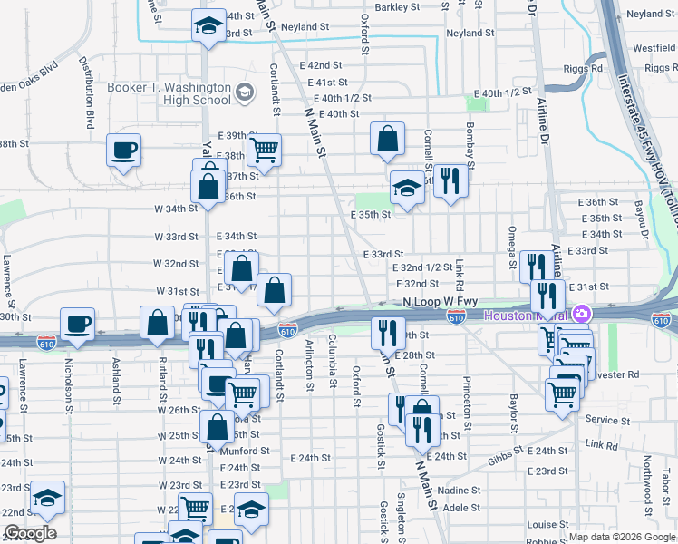 map of restaurants, bars, coffee shops, grocery stores, and more near 505 East 32nd Street in Houston