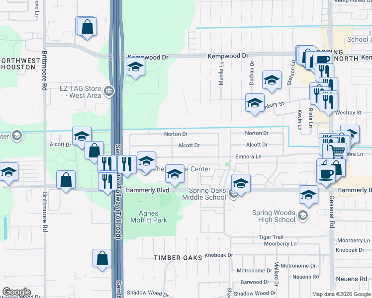 map of restaurants, bars, coffee shops, grocery stores, and more near 10570 Emnora Lane in Houston