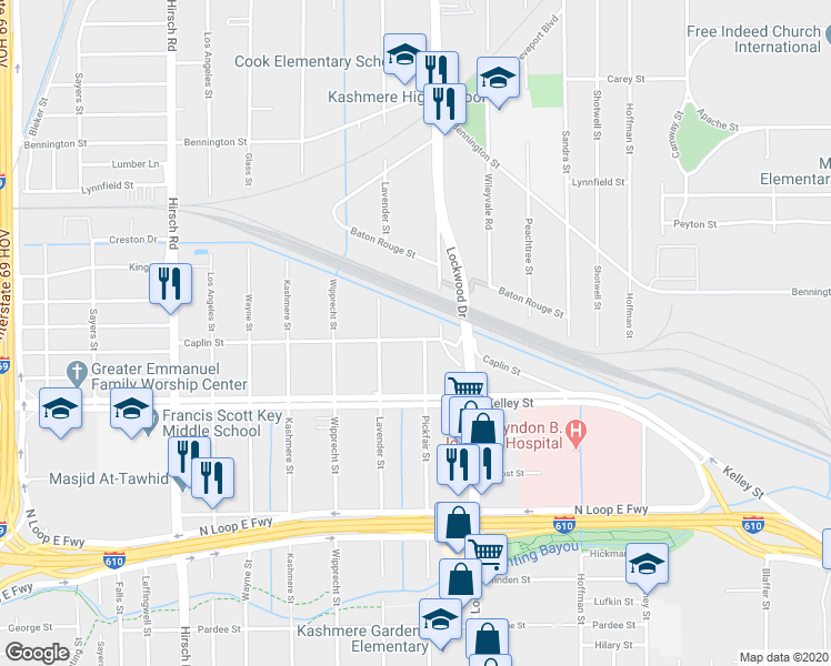 map of restaurants, bars, coffee shops, grocery stores, and more near 5027 Caplin Street in Houston