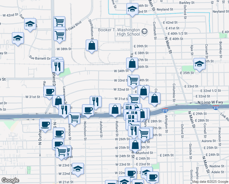 map of restaurants, bars, coffee shops, grocery stores, and more near 303 West 32nd Street in Houston