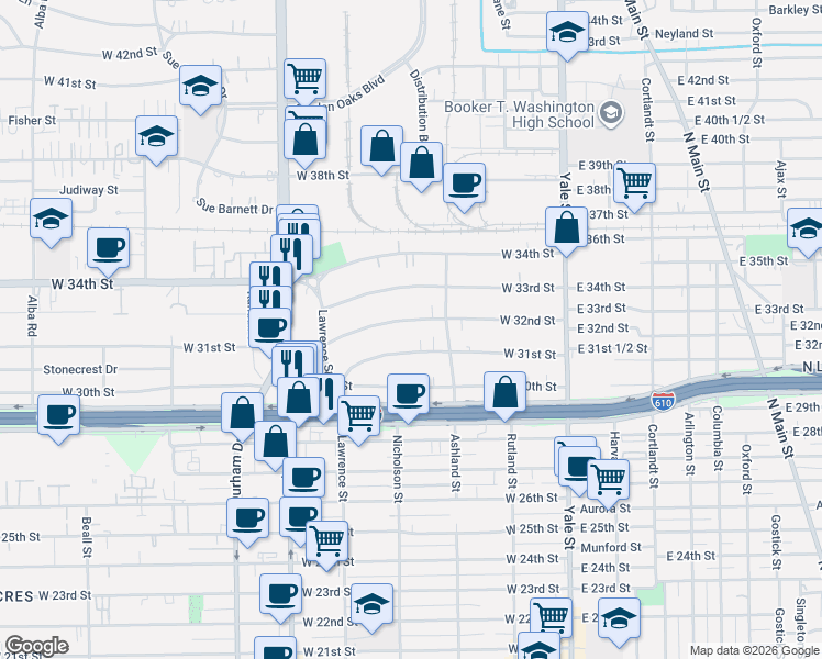 map of restaurants, bars, coffee shops, grocery stores, and more near 431 West 32nd Street in Houston