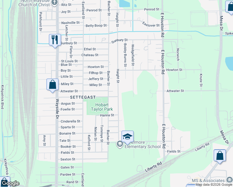 map of restaurants, bars, coffee shops, grocery stores, and more near 8205 Kenton Street in Houston