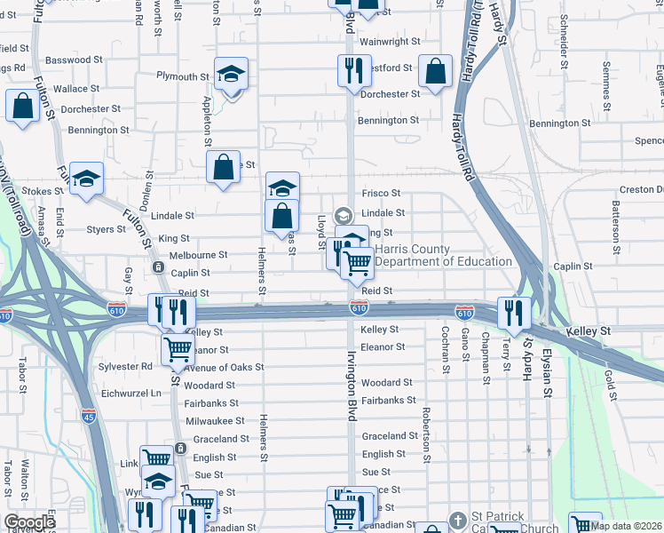 map of restaurants, bars, coffee shops, grocery stores, and more near 634 Caplin Street in Houston