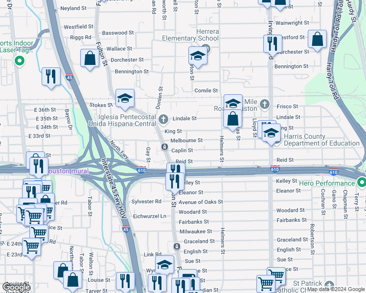 map of restaurants, bars, coffee shops, grocery stores, and more near 220 Caplin Street in Houston