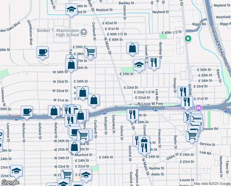 map of restaurants, bars, coffee shops, grocery stores, and more near 414 East 32nd Street in Houston