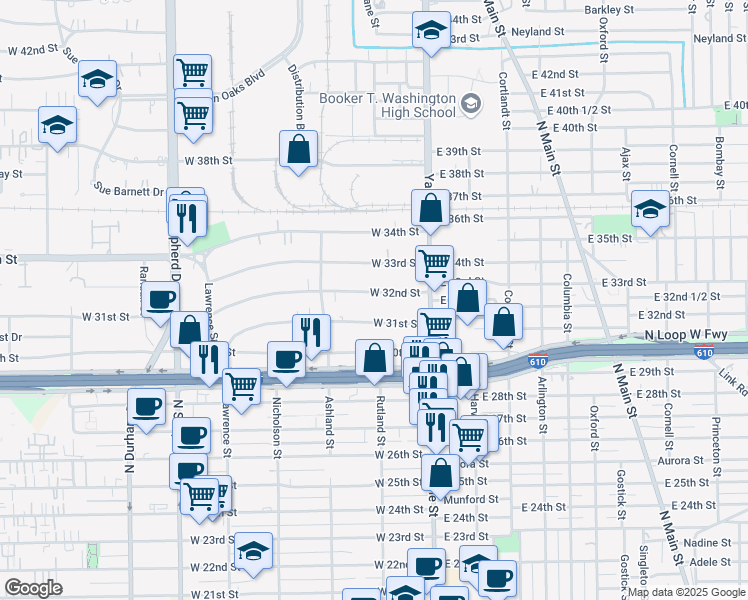 map of restaurants, bars, coffee shops, grocery stores, and more near 236 West 31st Street in Houston