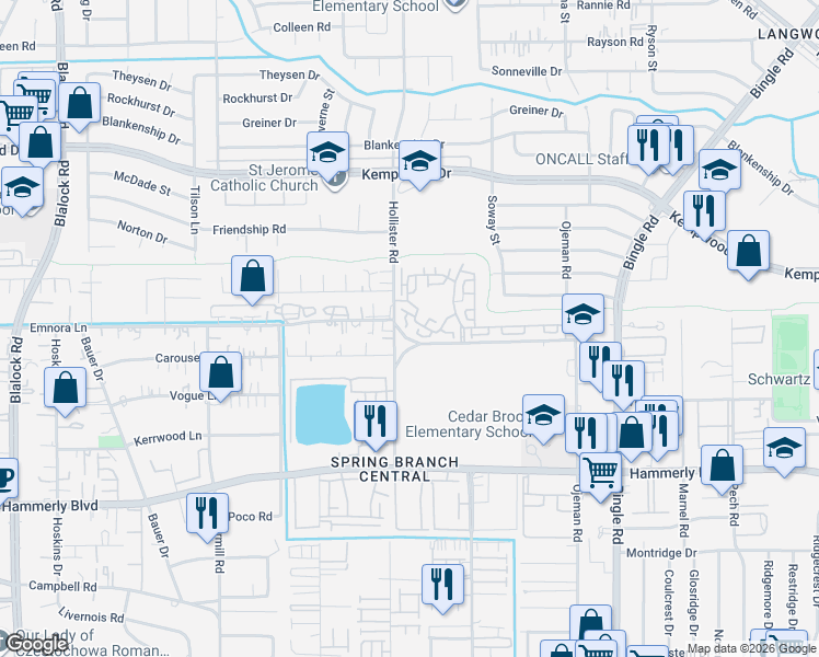 map of restaurants, bars, coffee shops, grocery stores, and more near 2305 Hollister Road in Houston
